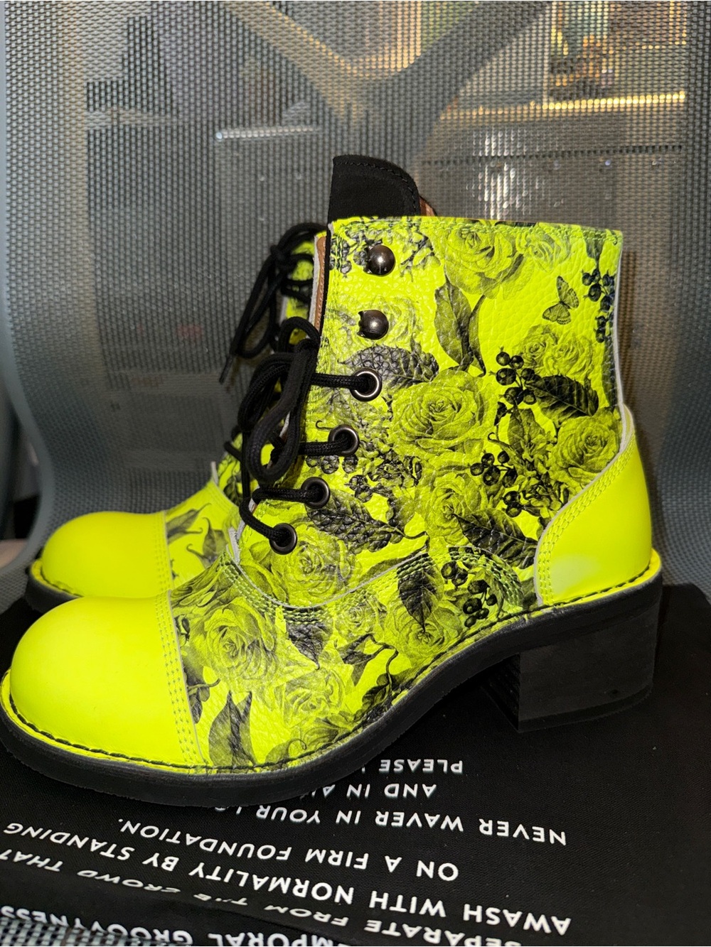 John Fluevog Kickstarter Victor Yellow Floral Lace Up Boot Leather Neon Fluro